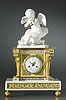 A rare and very beautiful Directoire gilt bronze mounted porcelain and white marble mantle clock, signed on the reverse of the base Manufacture du duc dâ€™ AngoulÃªme